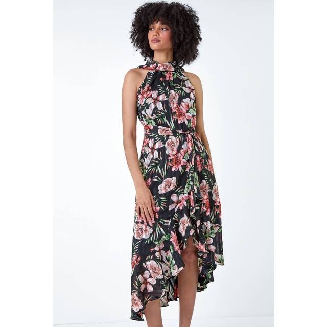 Roman Black Metallic Foil Floral Halter Neck Midi Dress - Size 20
