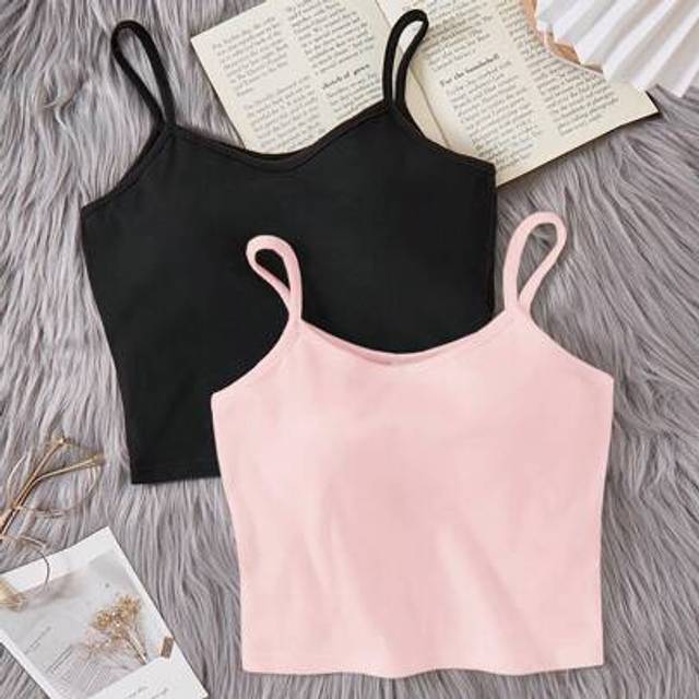 SHEIN 2Pcs/Set Tween Girls Snug Fit Minimalist Spaghetti Strap Camisole Vest, Sleeveless U-Neck Layering Tank Tops For Casual & Home Wear