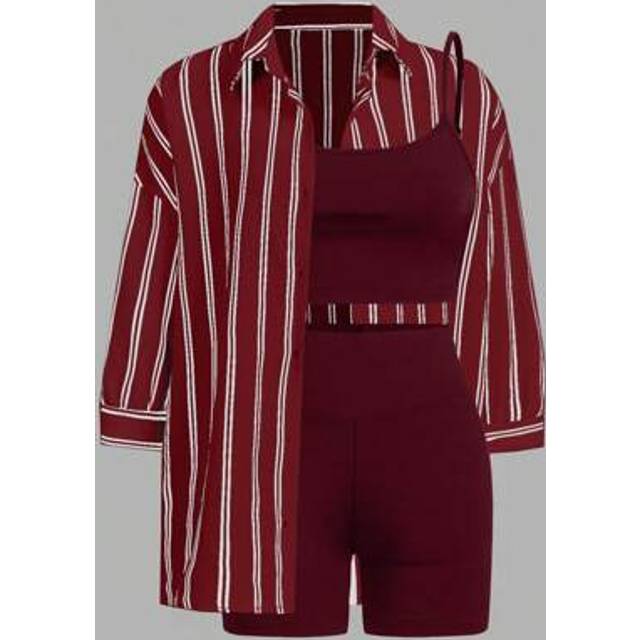 SHEIN Women 3Pieces Set : Casual Light-Weight Sports Tank Top, Sexy Fitness Tight Shorts & Button-Down Shirt, Outdoor/Sports/Travel Outfits For Women Sets W