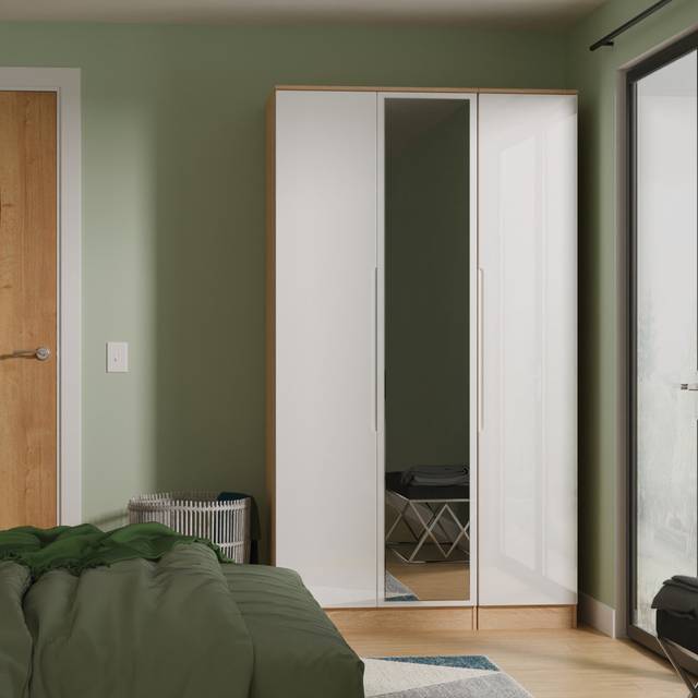 Bisma Tall Triple Mirror Wardrobe in Dusk Grey (Ready Assembled) - Oak (196cm H X 111cm W X 53cm D)