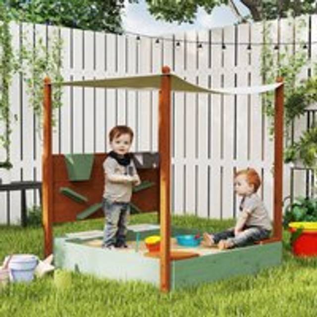 AIYAPLAY Wooden Kids Sandpit with Canopy, Seats, Rudder & Bottom Liner, Yellow