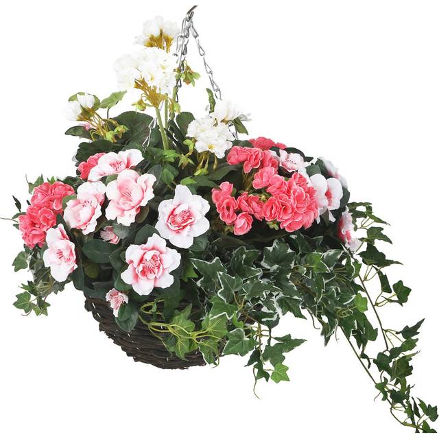 Artificial Azalea And Geranium Display In A 12" Round Willow Hanging Basket, Faux Flowers Decoration For Vibrant Outdoor Foliage - Pink (30cm H X 12cm W X 30cm D)
