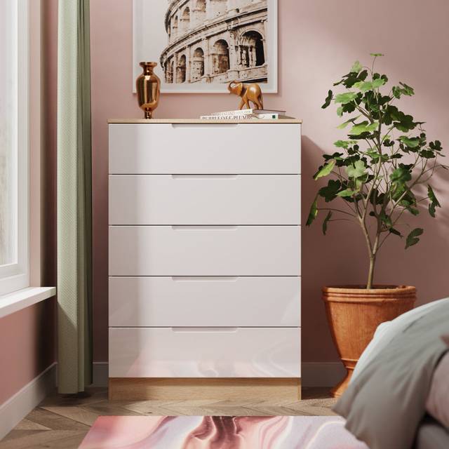 Milan White Gloss and Oak Effect 5 Drawer Chest