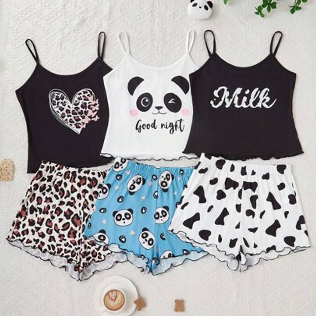 SHEIN 6pcs/Set Teen Girls Casual Heart Letter, Cartoon Bear Print Camisole And Shorts, Suitable For All Seasons (Sold Separately In Sets Of 3)