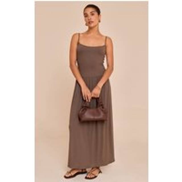 Petite Taupe Strappy Ribbed Flowy Maxi Dress, Brown