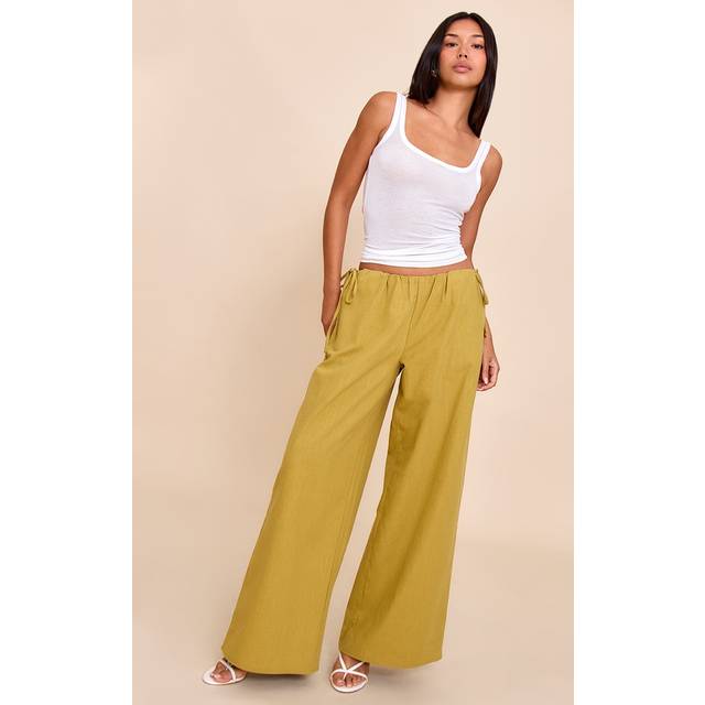 Olive Premium Linen Side Tie Detail Wide Leg Trousers, Green - 14