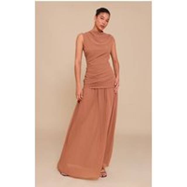 Mocha Chiffon Ruched Dropped Waist Sleeveless Maxi Dress, Brown - 14