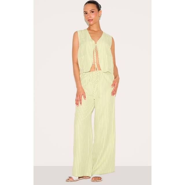 Petite Olive Striped Woven Wide Leg Trousers, Green - 6