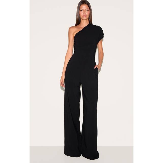 Black Asymmetric Ruched Wide Leg Jumpsuit, Black - 10