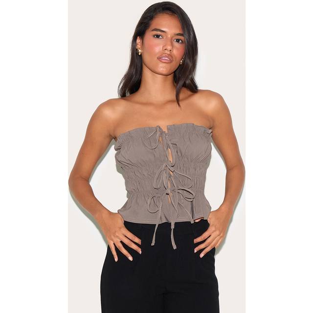 Taupe Bengaline Ruched Bandeau, Brown - 10