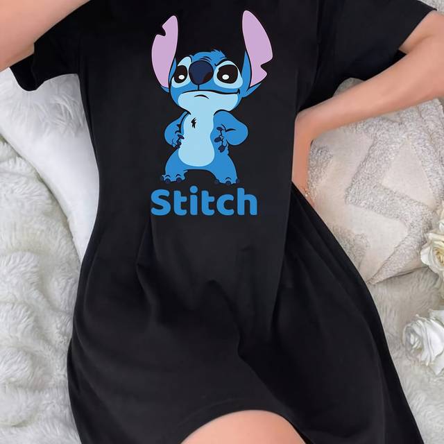 TEMU Stitch Cartoon Print Women's Nightgown - Black Short Sleeve Pajama Set With "stitch" Design, Soft Polyester Fabric, Casual Crew Neck, Sleepwear Or Lounge, Casual Loungewear | Design | , Pajamas