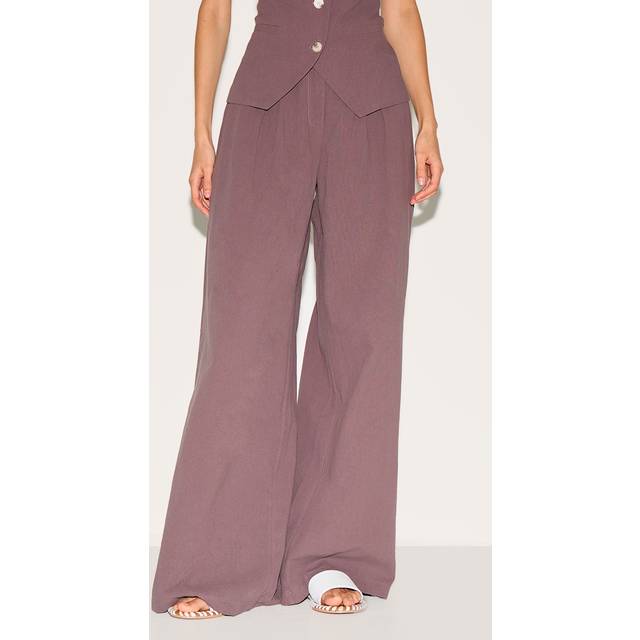 Dark Brown Linen Look Wide Leg Pleated Trousers, Dark Brown - 14