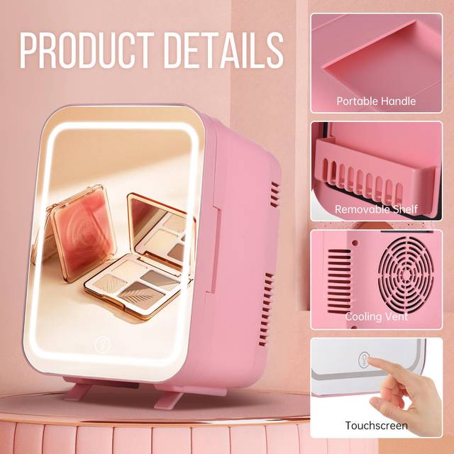 Aoresac Mini Fridge 4L Capacity Portable Cooler and Warmer Skincare Fridge with Dimmable LED Mirror US Plug pink