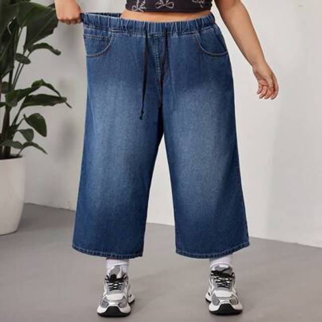 SHEIN Blue Plus Size Jeans Comfortable Lightweight Jeans Elastic Waistband Cropped Wide-Leg Pants Summer Wide Leg Pants,Curve Plus ,Hoho Vacation