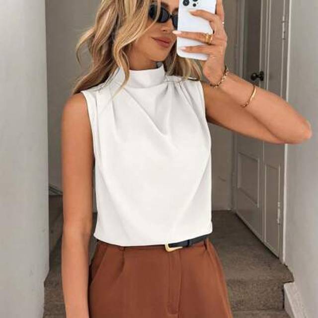Mock Neck Casual Commuter Mångsidig Ruched Shoulder Design Enkel ärmlös blus för kvinnor - Vitt (L,M,S,XL)