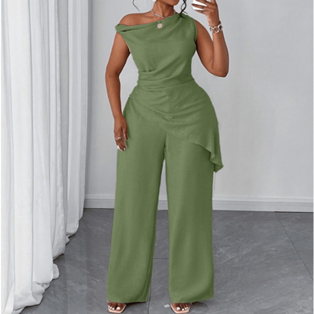 Maweii 2pcs Women Casual Asymmetric Collar Solid Color Top And Pants Set