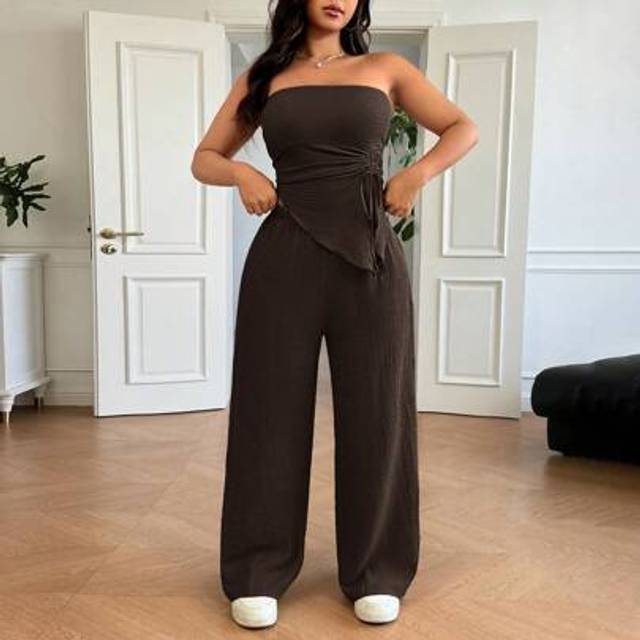 2st/set Plus Size Casual Textured Print Ärmlös Asymmetrisk Crop Top & Byxor med vida ben, vår/sommar - Kaffebrun (0XL,1XL,2XL,3XL,4XL)