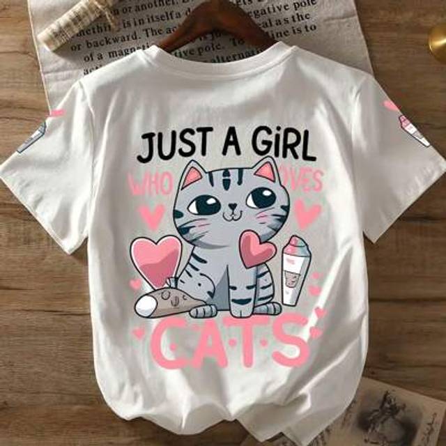SHEIN Tween Girl Cartoon Cat And Lover Heart Print Crew Neck T-Shirts Summer Girl&#39;s Casual Tee Soft Tops