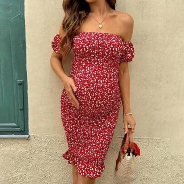 SHEIN Puff Sleeve Maternity Vacation Shirred Off-Shoulder Fitted Fashionable Dress Women Dresses Women Short Dresses