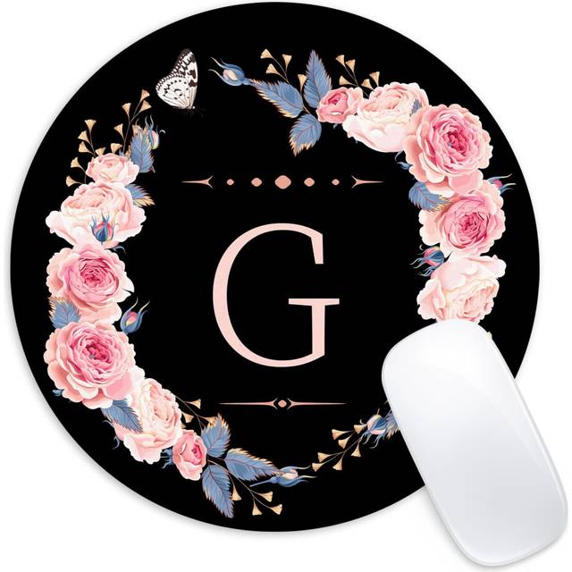 Letter G Black and Pink Flowers Round Mouse Pad  Funny Small Mouse Mat with Non-Slip Rubber Base  Home Office Decor Desk Accessory  8.7inch Round