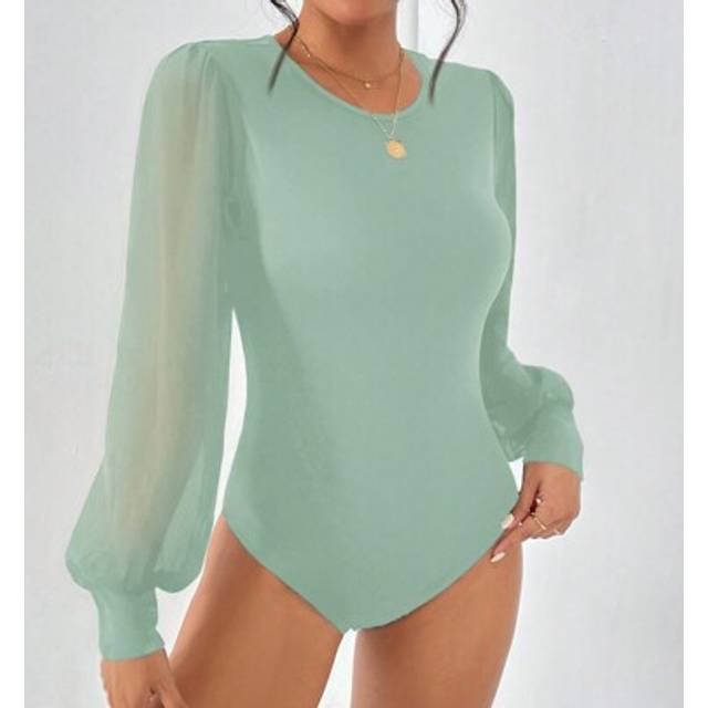 Damer i enfärgad rund halsad mesh lykta ärm Mode bodysuit, höst - Grön (L,M,S,XS)