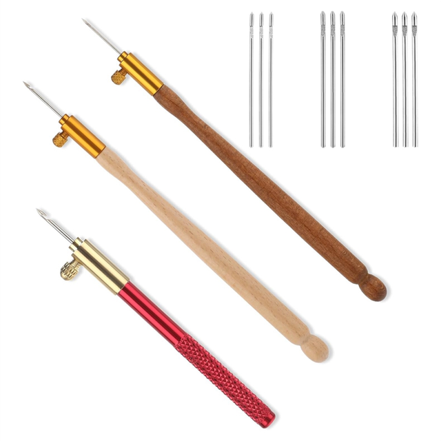 3 Pcs Tambour Hooks Kit Embroidery Crochet Hook Wood Handle French Drum with 9 Needles