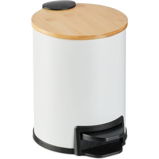 Relaxdays - Step Pedal Bin, 3 Litre, Soft-close Mechanism, Removable Inside, Bathroom Cosmetic Waste, Metal, Bamboo, White