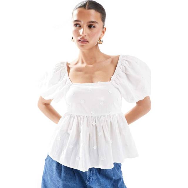 New Look Women's White Daisy Embroidery Puff Sleeve Milkmaid Top - UK 14