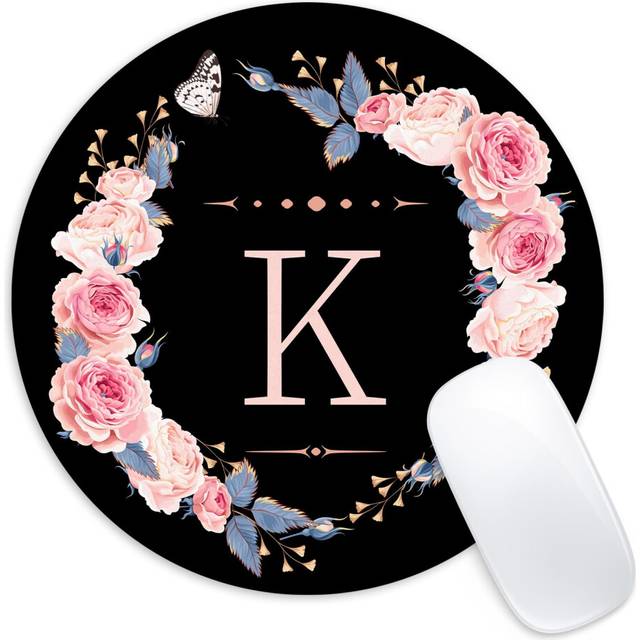 Letter K Black and Pink Flowers Round Mouse Pad Funny Small Mouse Pad with Non-Slip Rubber Base Mouse Mat Home Office Decor Desk Accessories 8.7inch R