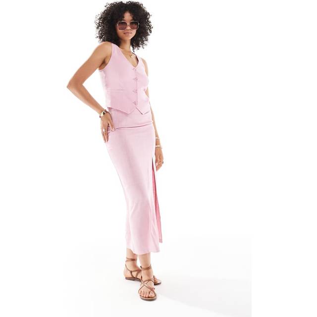 Stradivarius Linen blend midi skirt with side slit Pastel pink L
