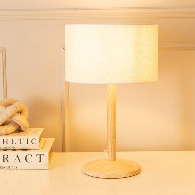 Valuelights - Triston Natural Light Wood Stem Table Lamp with Linen White Trim Drum Lamp Shade