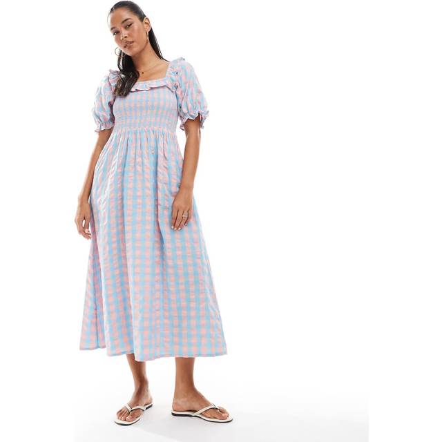 New Look Women's Blue Textured Gingham Smock Puff Sleeve Midi Dress - UK 10
