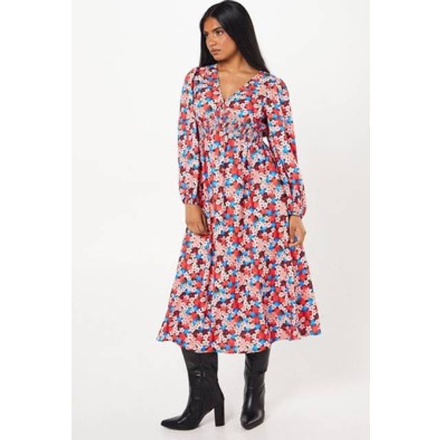 Womens Petite Ditsy Floral V Neck Shirred Waist Midi Dress - 10