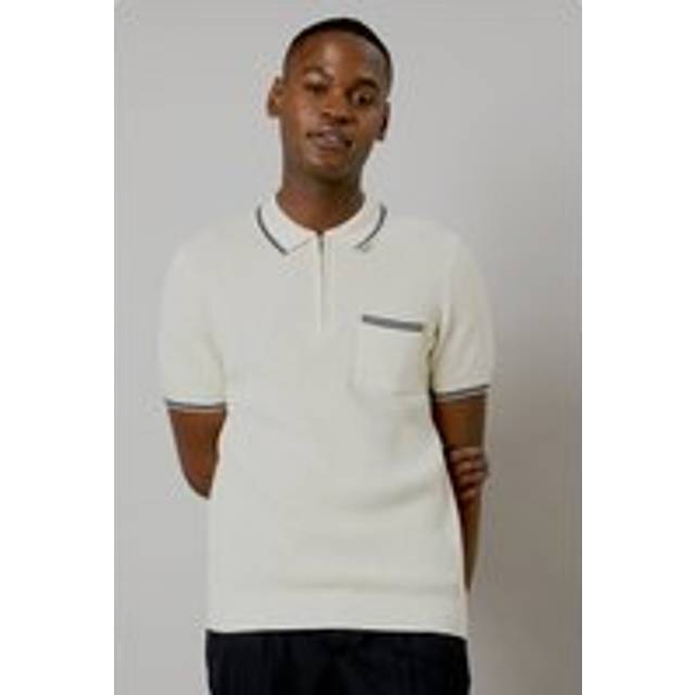 Mens White Waffle Textured Knitted Polo
