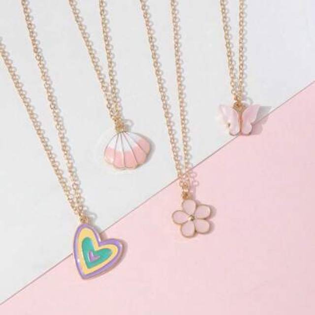 SHEIN 4pcs/Set Fashion Kids Necklace Set With Heart, Butterfly, Flower, Shell Zinc Alloy Dangle Pendants