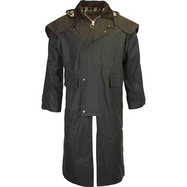 WALKER OCH HAWKES - Män och Kvinnor 100 % Vax Bomull Stockman Olivbrun Vattentålig Tungvikt Cape Coat Coat, Oliv, L