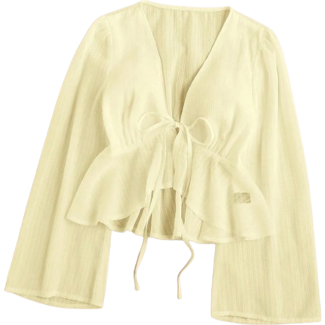Soleia Vacation Casual Solid Color V-Neck, Flare Sleeves, Flare Hem Blouse