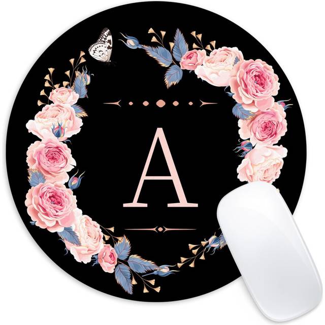 Letter A Black and Pink Flowers Round Mouse Pad Funny Small Mouse Pad with Non-Slip Rubber Base Mouse Mat Home Office Decor Desk Accessories 8.7inch R