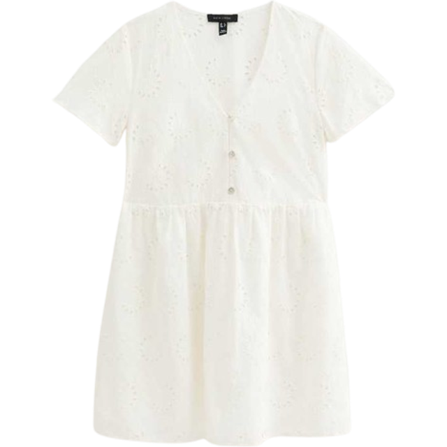 New Look Women's White Broderie Anglaise V Neck Mini Dress - UK 10