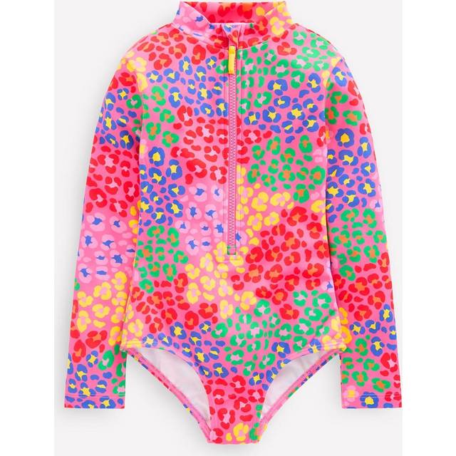 Mini Boden Kids' Zip-Up Long Sleeve Swimsuit, Pink Rainbow Leopard