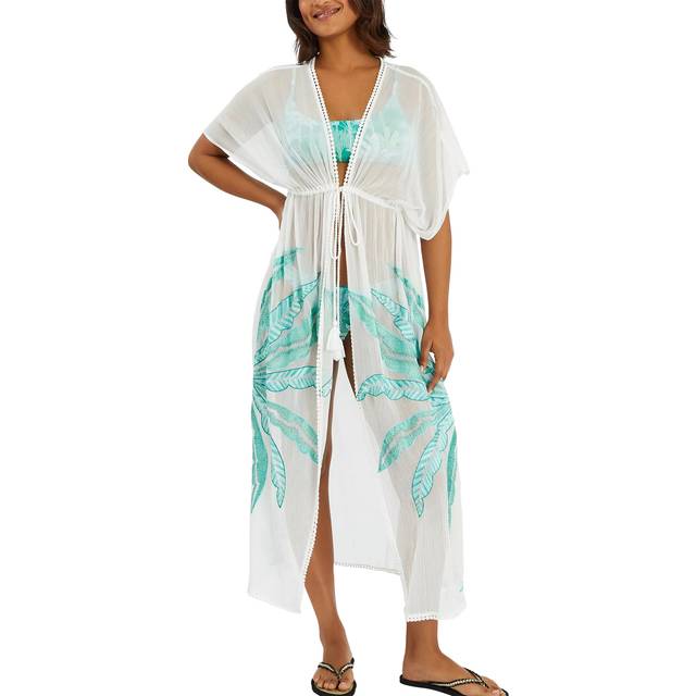 Accessorize Palm Embroidered Maxi Kaftan, Ivory/Mint