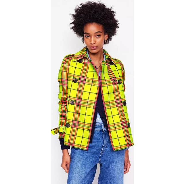 Boden Mayfair Check Cropped Trench Coat, Neon Yellow/Multi