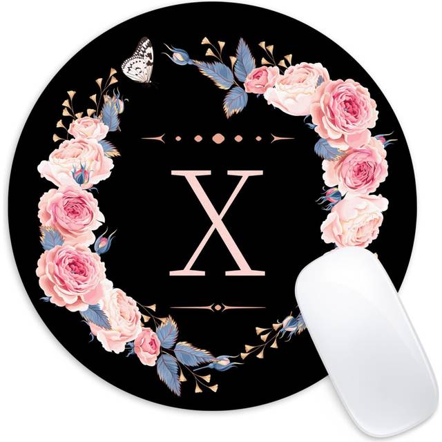 Letter X Black and Pink Flowers Round Mouse Pad Funny Small Mouse Pad with Non-Slip Rubber Base Mouse Mat Home Office Decor Desk Accessories 8.7inch R