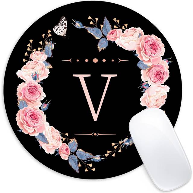 Letter V Black and Pink Flowers Round Mouse Pad Funny Small Mouse Pad with Non-Slip Rubber Base Mouse Mat Home Office Decor Desk Accessories 8.7inch R