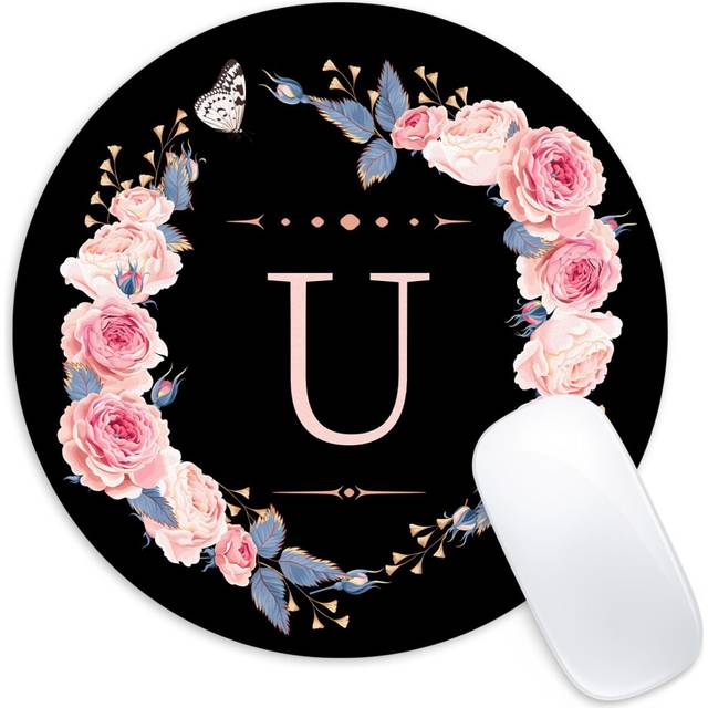 Letter U Black and Pink Flowers Round Mouse Pad Funny Small Mouse Pad with Non-Slip Rubber Base Mouse Mat Home Office Decor Desk Accessories 8.7inch R