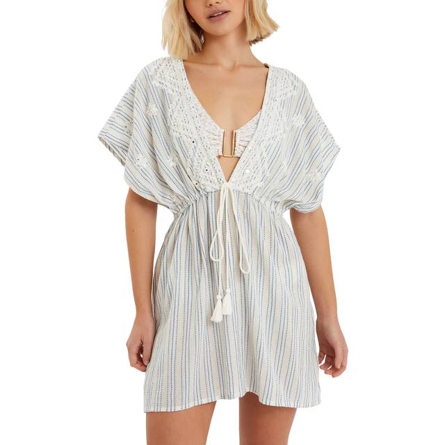 Accessorize Embroidered Stripe Mini Kaftan, Blue/Off White