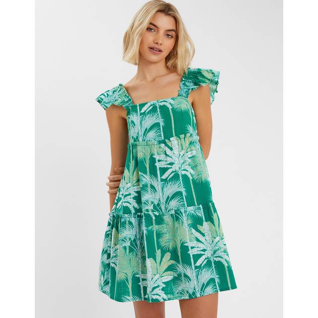 Accessorize Palm Print Frill Mini Dress, Green