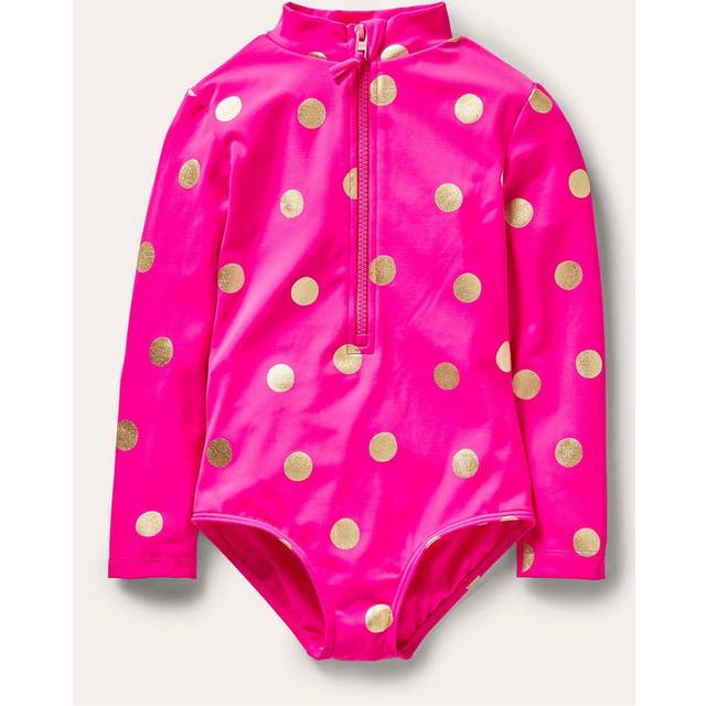 Mini Boden Kids' Long Sleeved Metallic Spot Swimsuit, Pink/Gold
