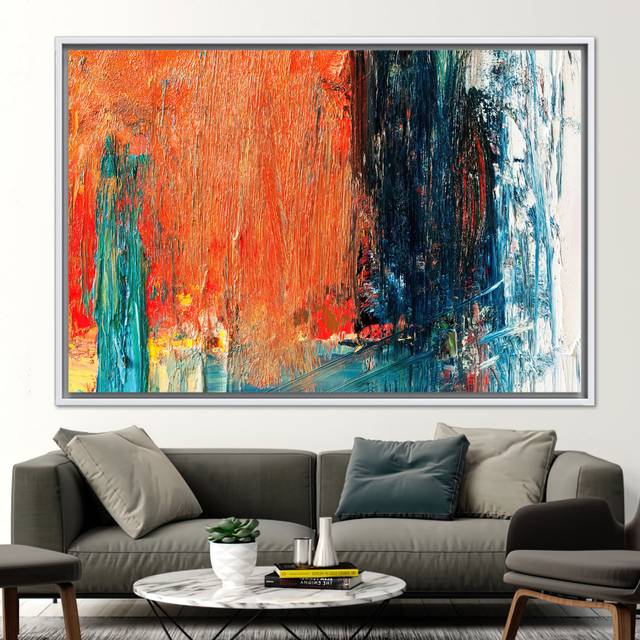 Modern Abstract Orange Oil Painting Print on Canvas - Contemporary Wall Art Poster - Framed Print without Mat (80 cm H x 110 cm W)
