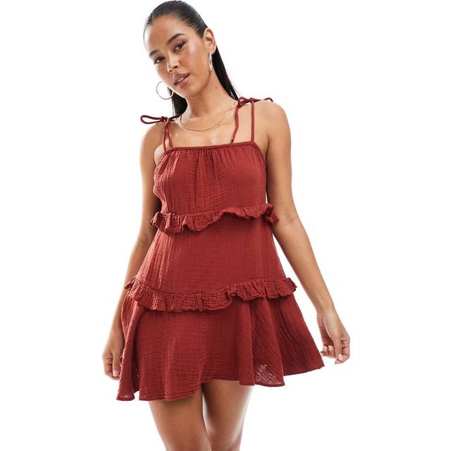 New Look Women's Plus Size Burgundy Textured Tie Strap Mini Dress Curves - UK 18